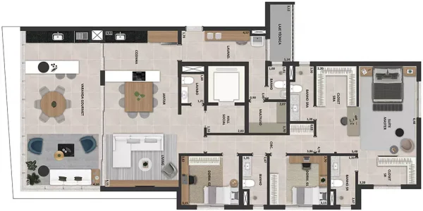 PLANTA APARTAMENTO TIPO C 187,07M² 4 DORMITÓRIOS E COZINHA AMERICANA